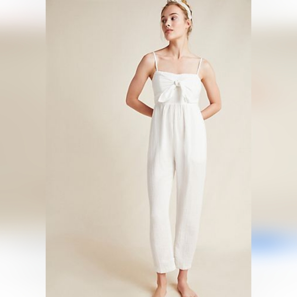 EUC Anthropologie Isabel Tie-Front Jumpsuit, Lightweight Cotton, White, Medium